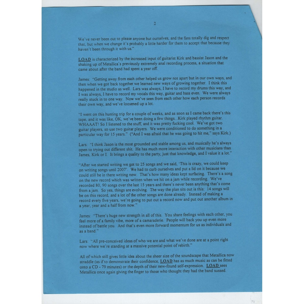 Vintage 1996 Metallica Load Press Release Bio Elektra Entertainment 4-Page Promo - Picture 2 of 4